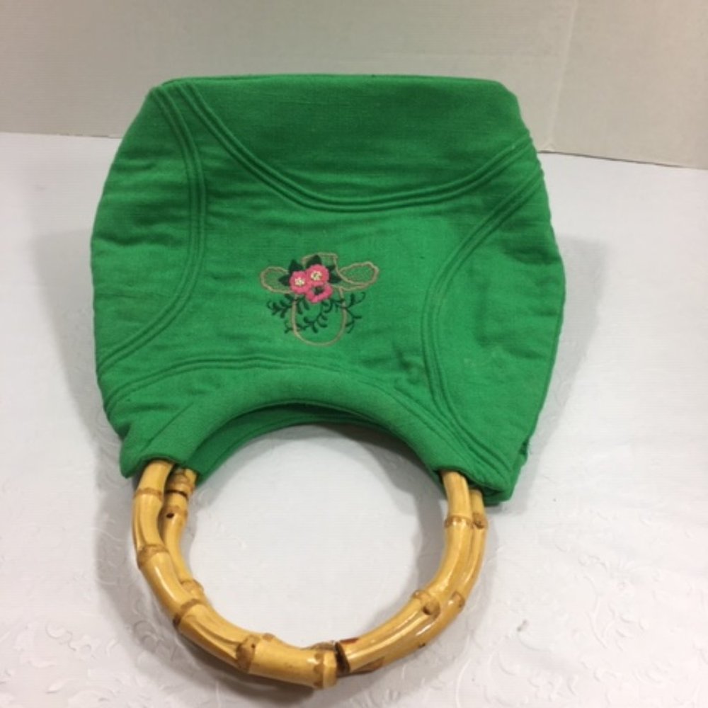 Class Bags By Karen Krautter Green Cotton Floral Wooden Handle Hand Bag